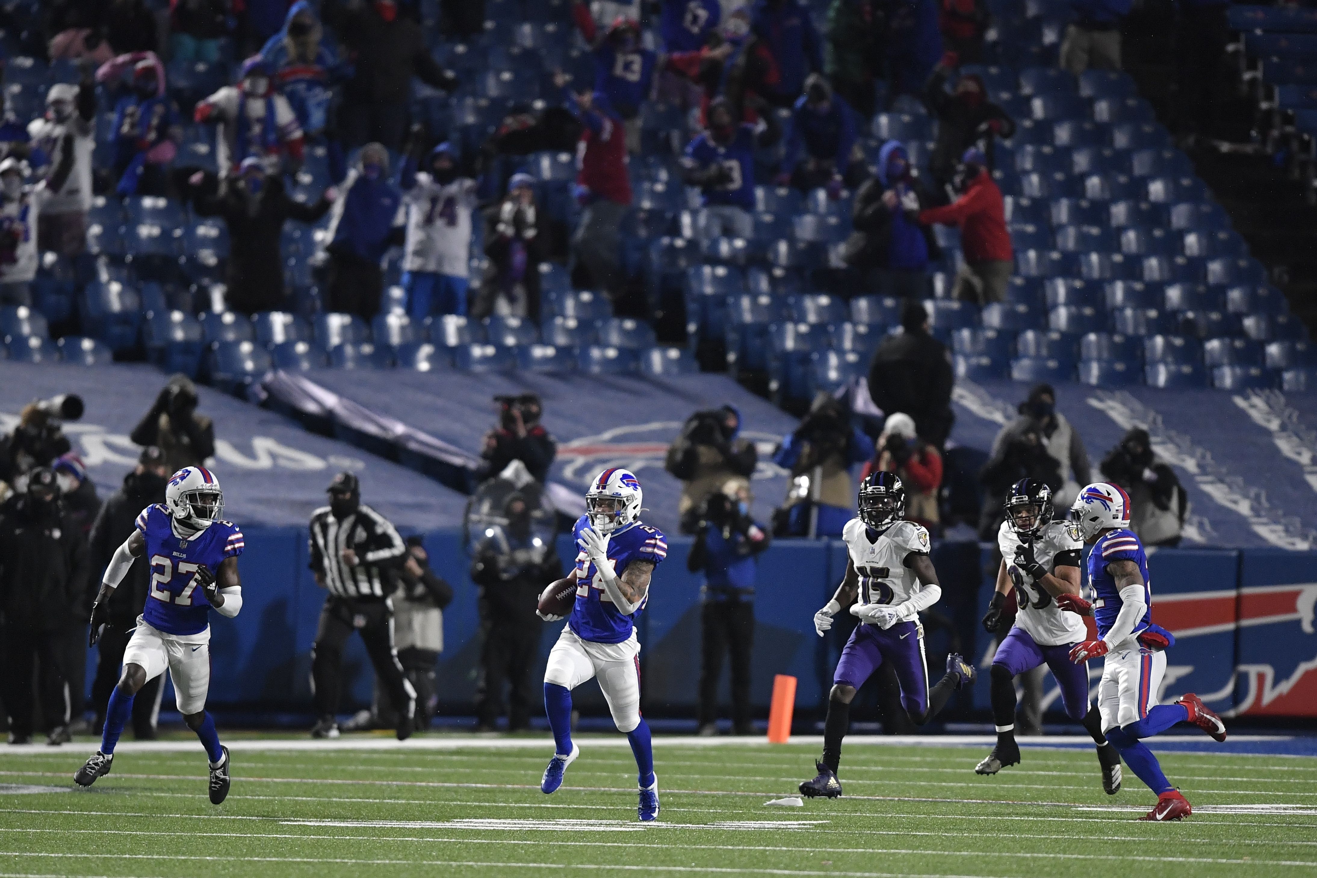 Bills' Taron Johnson ties NFL playoff record with 101-yard pick six