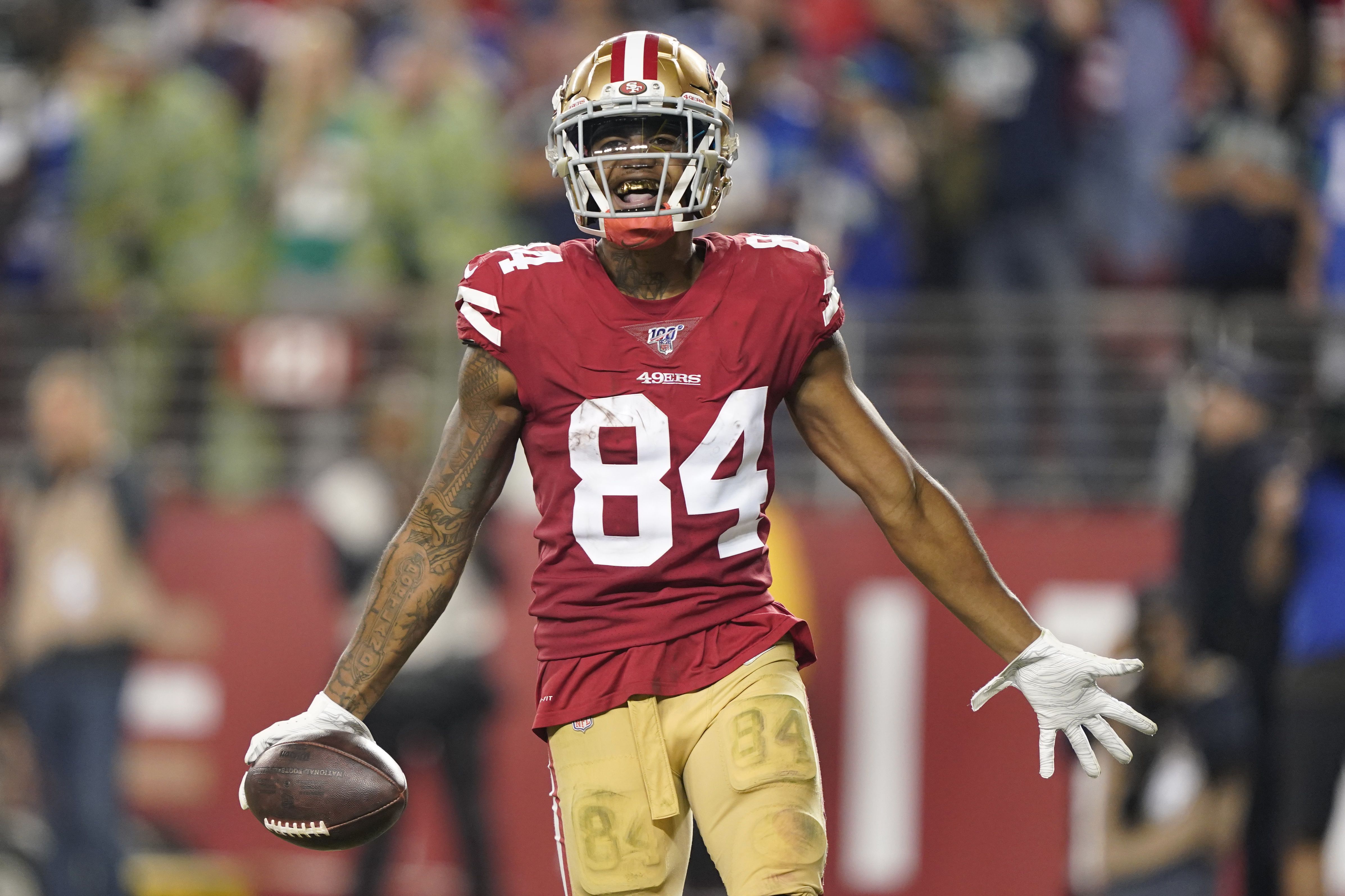 Kendrick Bourne of the San Francisco 49ers warms up before Super Bowl